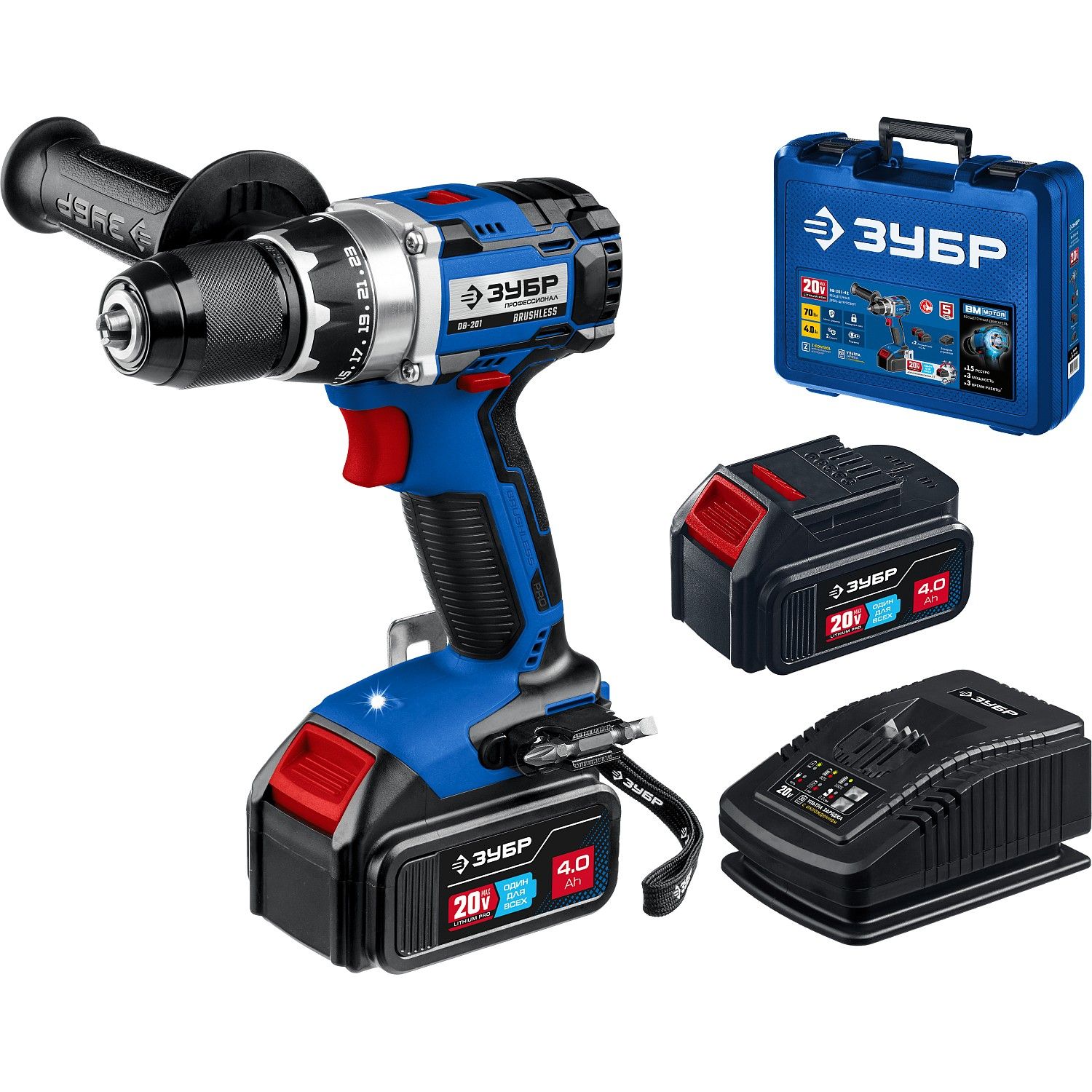Бесщеточная дрель-шуруповерт, 2 АКБ (4 Ач), в кейсе DB-201-42